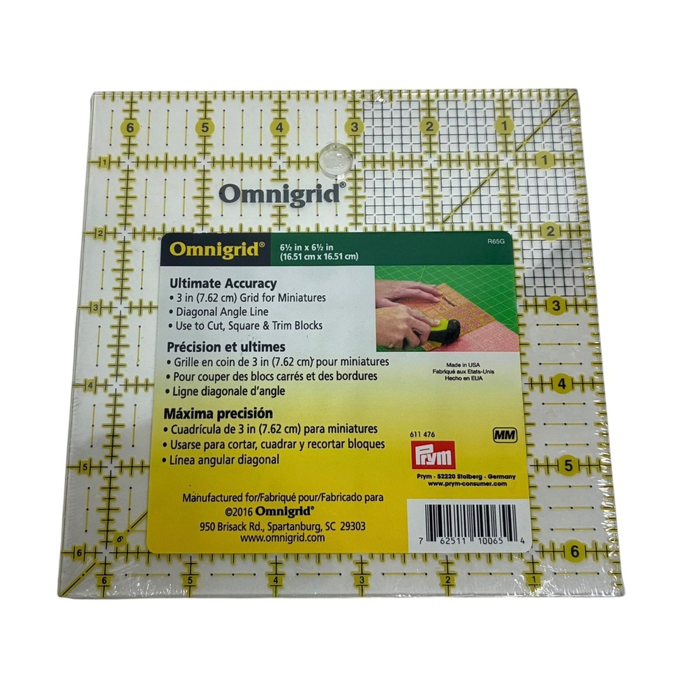 Omnigrid Unisex 6.5in Square Ruler Clear Yellow Quilting Sewing Tool R65G NEW